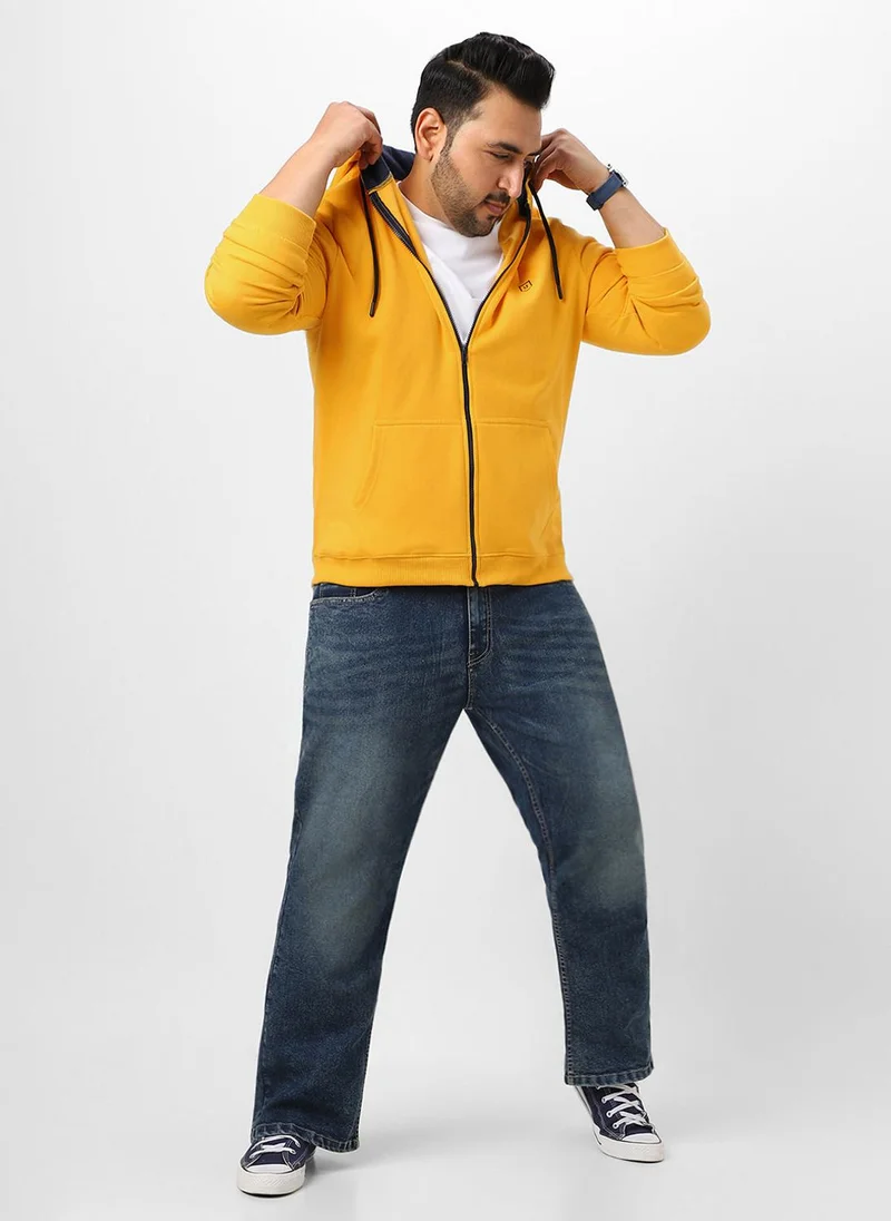 Urbano Fashion  Urbano Plus Men's Yellow Solid Cotton Zippered Hooded Casual Winterwear Sweatshirt for Men | Best Price UAE